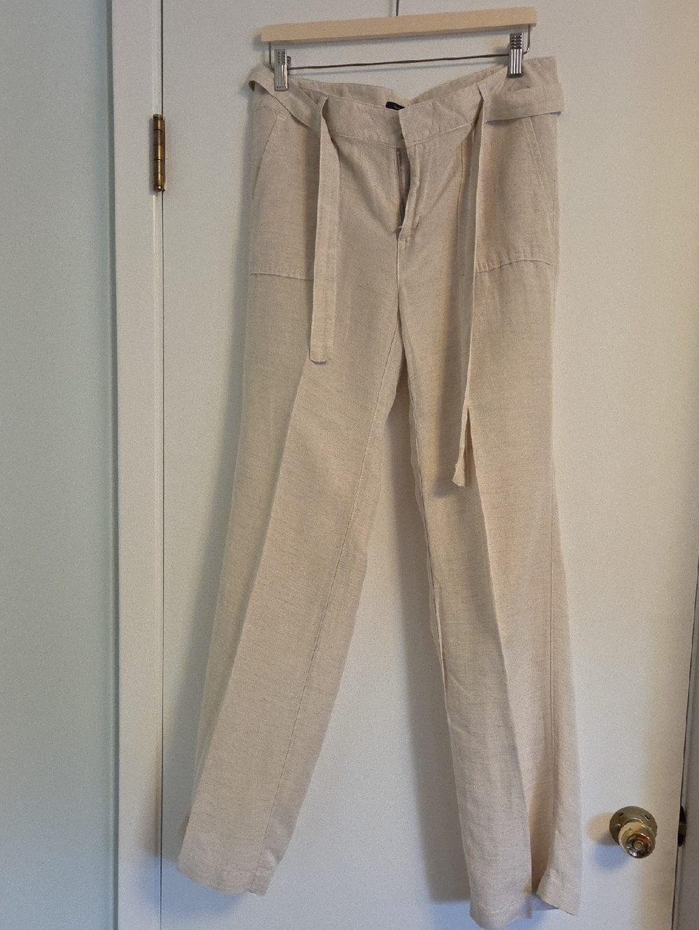 Tommy Hilfiger Linen Blend Cream High-Waist Wide-Leg Tie-Belt  Pants